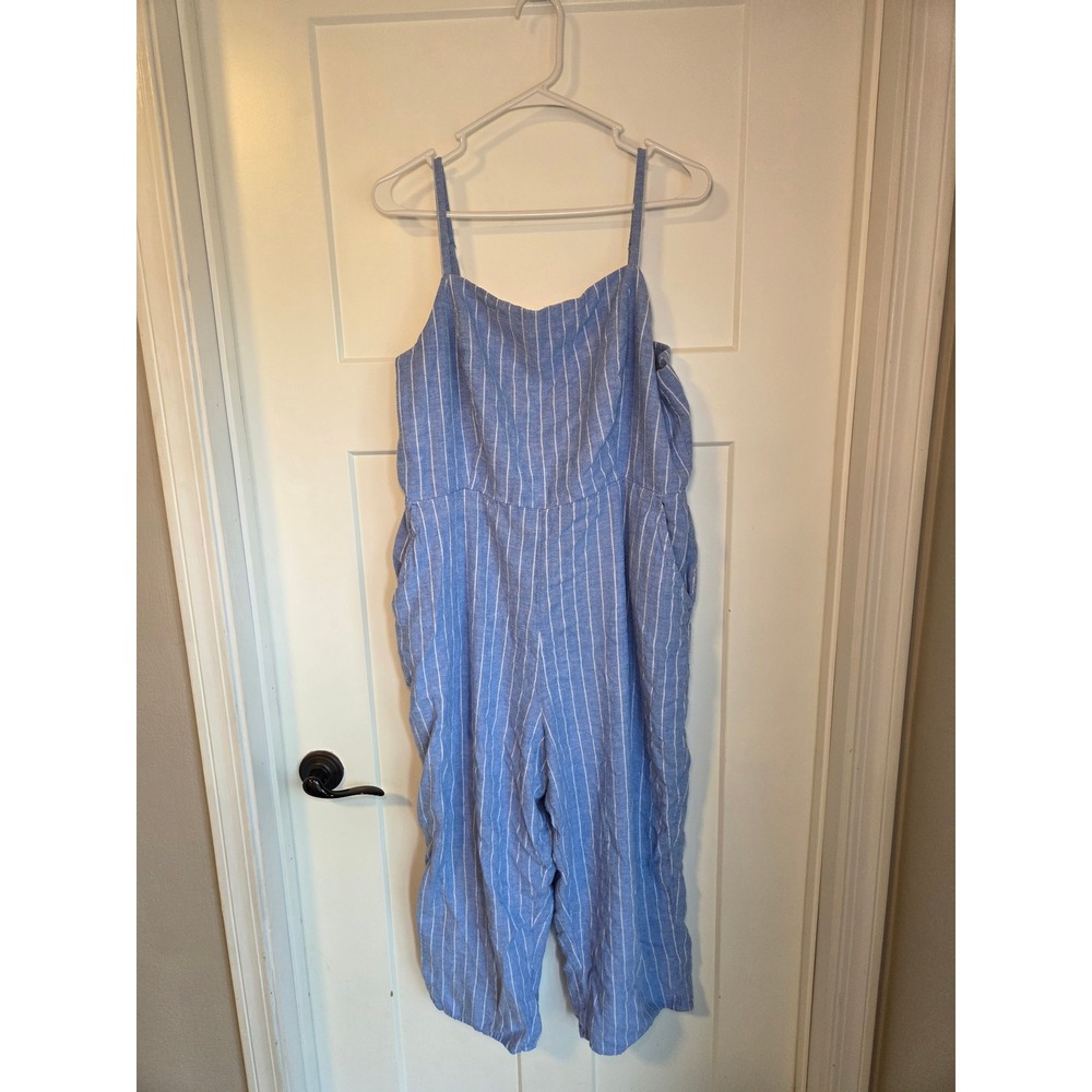 Old Navy Womens Blue White Striped Linen Blend Smocked Wide Leg Jumpsuit XXL
